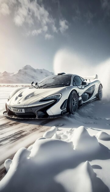 Un coche deportivo plateado compitiendo en la nieve