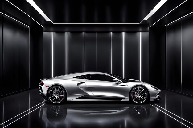 un coche deportivo plateado con las luces traseras en la parte trasera y las luces delanteras en la parte posterior