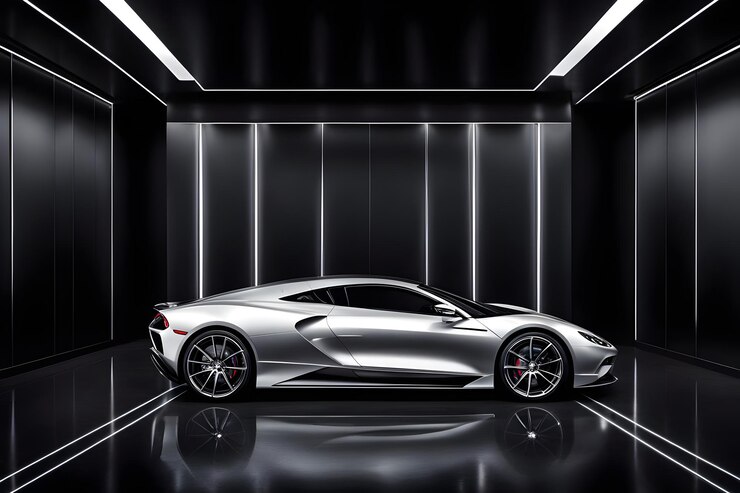 un coche deportivo plateado con las luces traseras en la parte trasera y las luces delanteras en la parte posterior