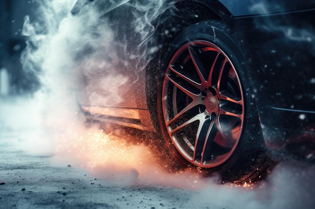 Coche deportivo rápido a la deriva en una carretera mojada y nevada con incendio por accidente automovilístico generativo Ai