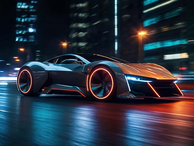 Coche deportivo rojo en la autopista de neón Aceleración potente de un supercoche en una pista nocturna con colorido