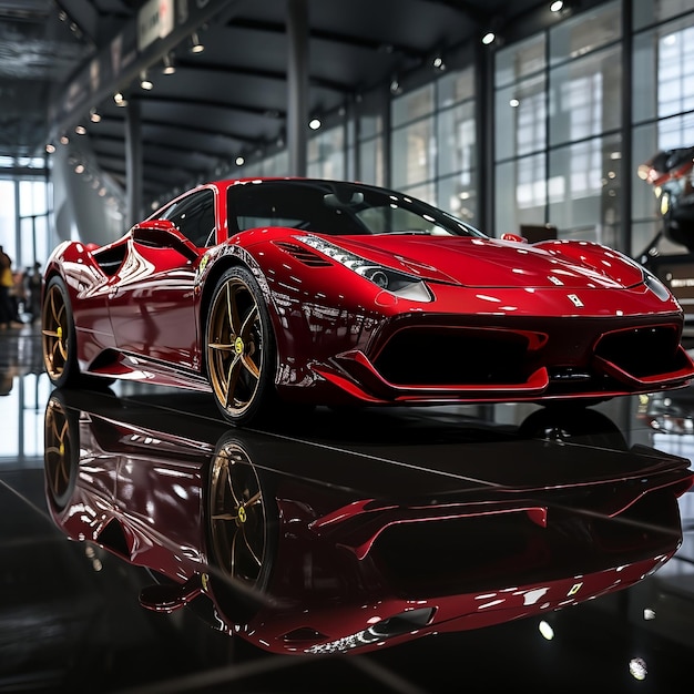 Foto un coche deportivo rojo brillante en la sala de exposición