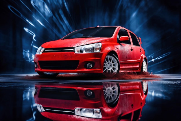 Un coche deportivo rojo conduciendo por una calle bajo la lluvia