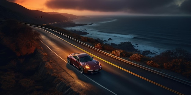 Un coche deportivo rojo conduciendo por una carretera al atardecer.