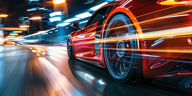 Un coche deportivo rojo está acelerando por una carretera por la noche.