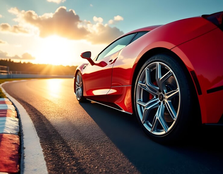 un coche deportivo rojo está estacionado en la calle con el sol detrás de él