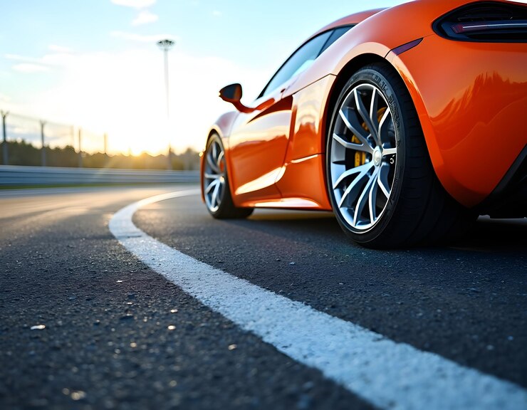 un coche deportivo rojo está estacionado en una carretera con el sol brillando en el lado