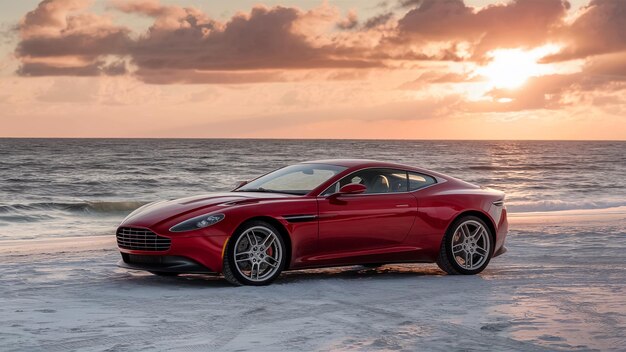 un coche deportivo rojo está estacionado en la playa con el sol detrás de él