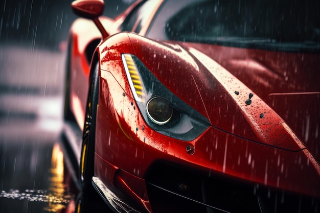 Coche deportivo rojo estacionado al costado de la carretera bajo la lluvia IA generativa