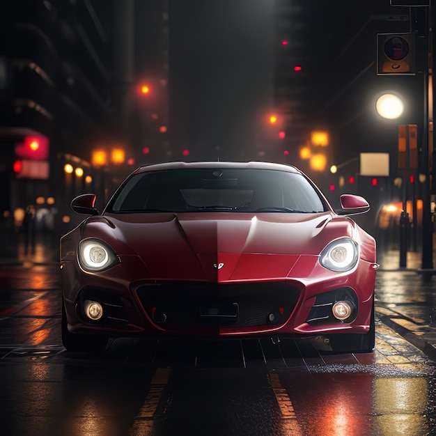 Un coche deportivo rojo con los faros encendidos bajo la lluvia.