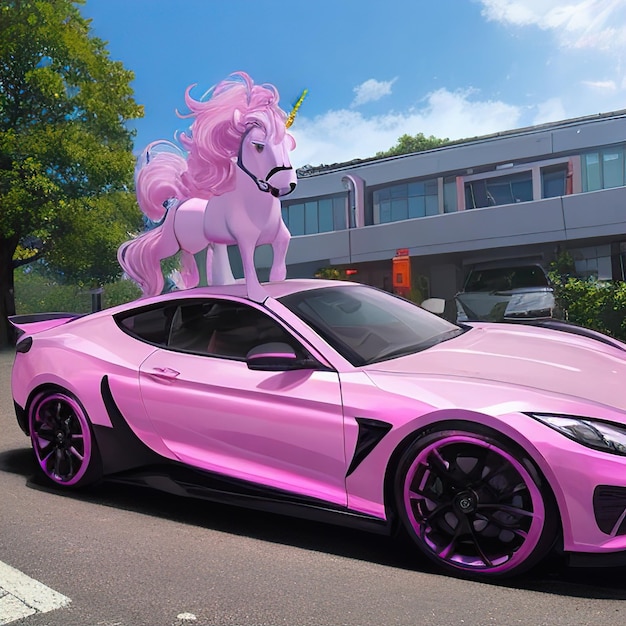 Coche deportivo rosa con un unicornio encima