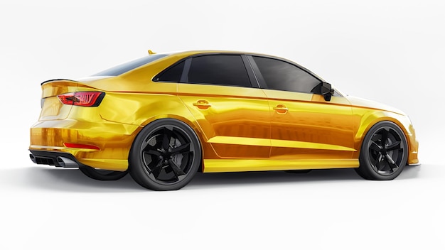 Coche deportivo súper rápido de color amarillo sobre un fondo blanco. Sedán con forma de cuerpo. Tuning es una versión de un automóvil familiar común. Ilustración 3D.