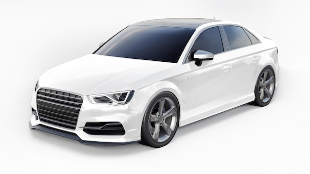 Coche deportivo súper rápido de color blanco sobre un fondo blanco. Sedán con forma de carrocería. Tuning es una versión de un automóvil familiar ordinario. representación 3d