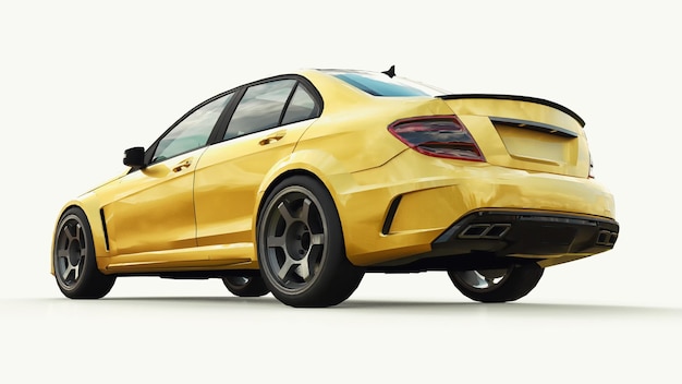 Coche deportivo súper rápido color dorado metálico sobre un fondo blanco renderizado 3d