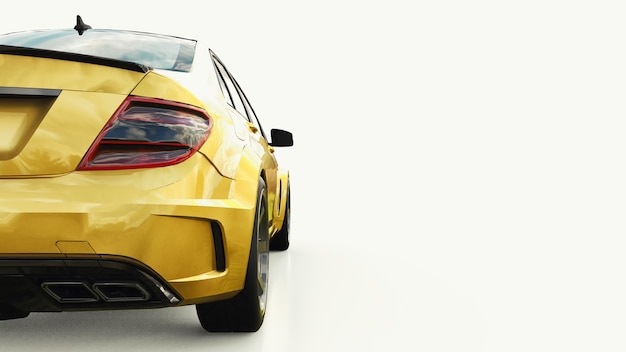 Coche deportivo súper rápido color dorado metálico sobre un fondo blanco. Sedán con forma de cuerpo. Tuning es una versión de un automóvil familiar común. Representación 3D.