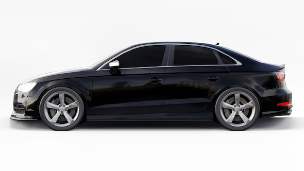 Coche deportivo súper rápido color negro metálico sobre un fondo blanco representación 3D