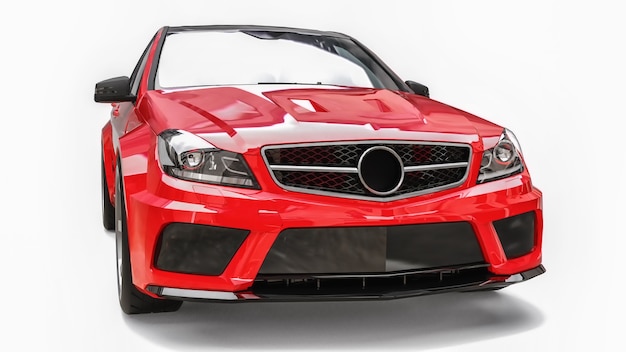 Coche deportivo súper rápido de color rojo metálico sobre un fondo blanco. Sedán con forma de cuerpo. Tuning es una versión de un automóvil familiar común. Representación 3D.