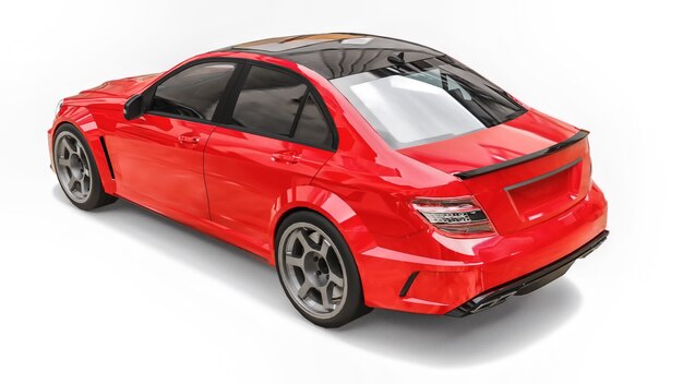 Coche deportivo súper rápido de color rojo metálico sobre un fondo blanco. Sedán con forma de cuerpo. Tuning es una versión de un automóvil familiar común. Representación 3D.