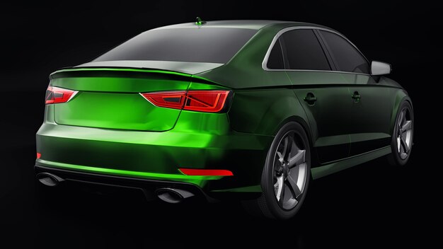 Coche deportivo súper rápido color verde metálico sobre un fondo negro Forma del cuerpo sedán Tuning es una versión de un coche familiar ordinario 3d renderizado