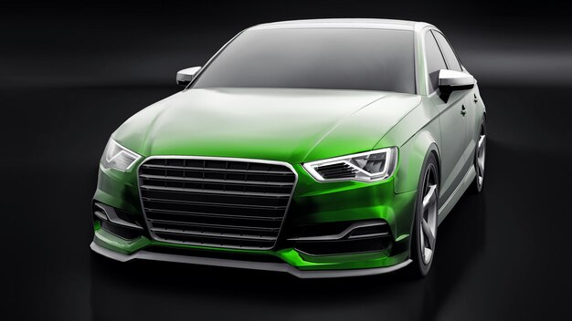 Coche deportivo súper rápido color verde metálico sobre un fondo negro Forma del cuerpo sedán Tuning es una versión de un coche familiar ordinario 3d renderizado