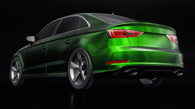 Coche deportivo súper rápido color verde metálico sobre un fondo negro Forma del cuerpo sedán Tuning es una versión de un coche familiar ordinario 3d renderizado