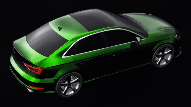 Coche deportivo súper rápido de color verde metálico sobre fondo negro. Sedán con forma de cuerpo. Tuning es una versión de un automóvil familiar común. Representación 3D.