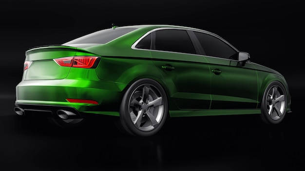 Coche deportivo súper rápido de color verde metálico sobre fondo negro. Sedán con forma de cuerpo. Tuning es una versión de un automóvil familiar común. Representación 3D.