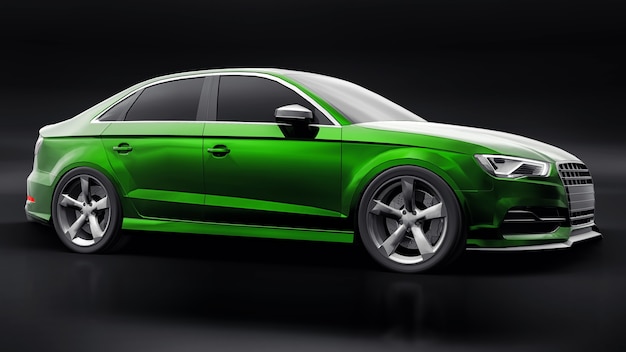 Coche deportivo súper rápido de color verde metálico sobre fondo negro. Sedán con forma de cuerpo. Tuning es una versión de un automóvil familiar común. Representación 3D.