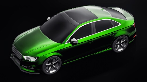 Coche deportivo súper rápido de color verde metálico sobre fondo negro. Sedán con forma de cuerpo. Tuning es una versión de un automóvil familiar común. Representación 3D.