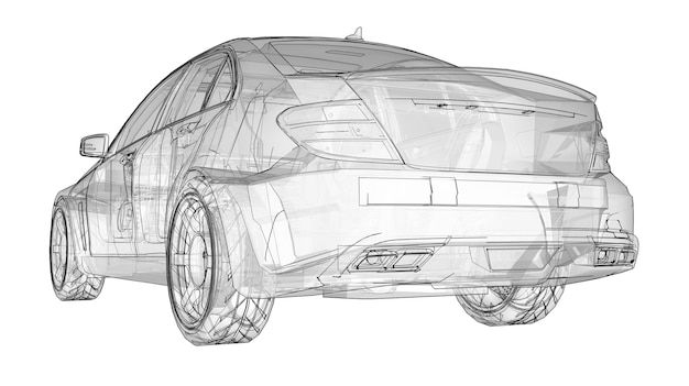 Foto coche deportivo súper rápido transparente delineado líneas sobre un fondo blanco. sedán con forma de cuerpo. tuning es una versión de un automóvil familiar común. representación 3d