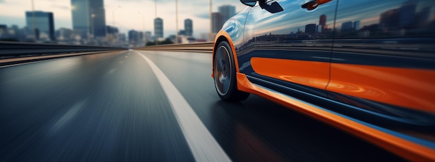 Coche deportivo a toda velocidad en una autopista de varios carriles