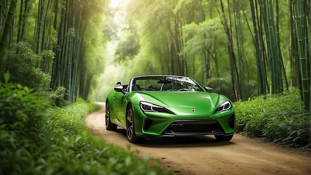 Un coche deportivo verde está en una carretera en un bosque de bambú