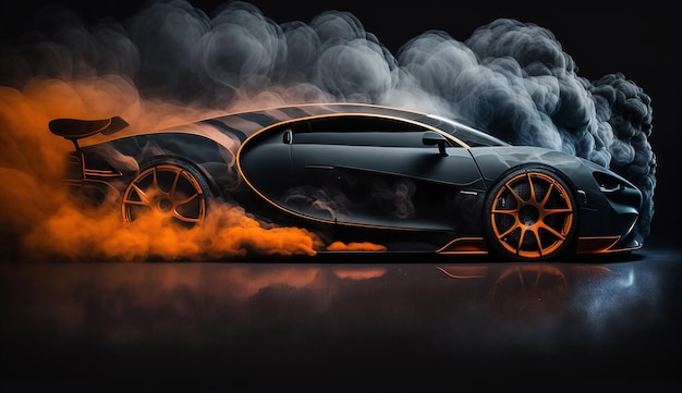 Coche a la deriva coche de deriva de carrera de difusión de imagen borrosa con mucho humo de neumáticos quemados