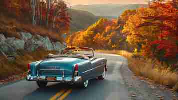 Foto coche descapotable de época que navega por una carretera de montaña con el follaje de otoño en llamas en colores vibrantes