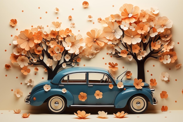 un coche descapotable con flores y árboles en flor de papel cortado efecto