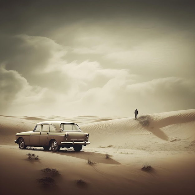 Un coche en el desierto con una persona de pie en la parte trasera.