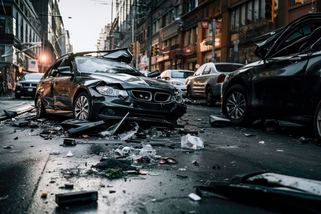 El coche destrozado en un accidente urbano se encuentra en medio de escombros y vidrio roto en la calle de la ciudad