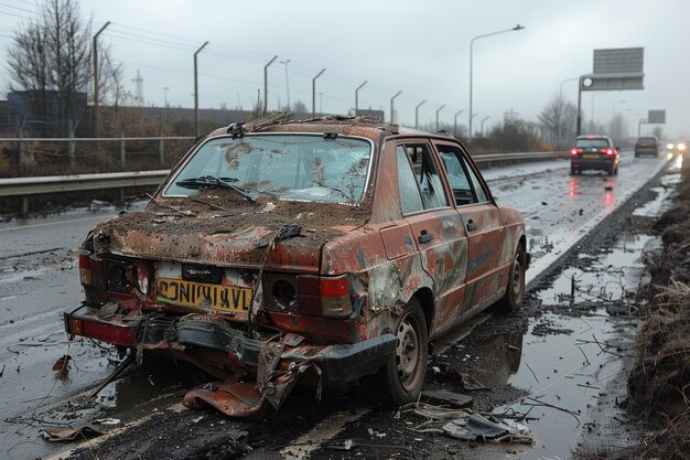 Coche destrozado en una carretera helada con luces de peligro Escena de accidente en la iluminación del crepúsculo