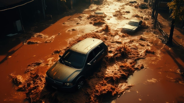 Coche destruido por inundación desastre natural