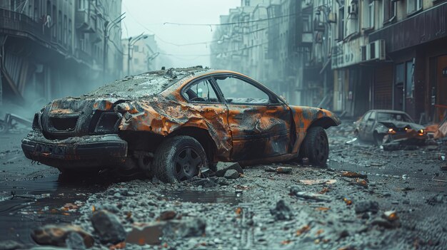 Coche destruido por misiles durante un ataque con cohetes