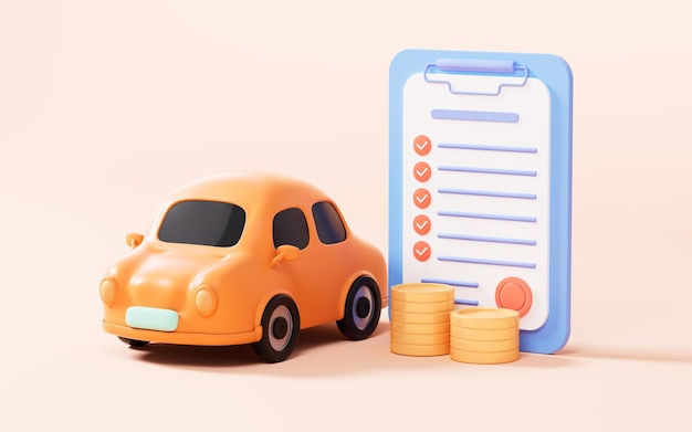 Coche de dibujos animados y contrato en el renderizado 3d de fondo amarillo
