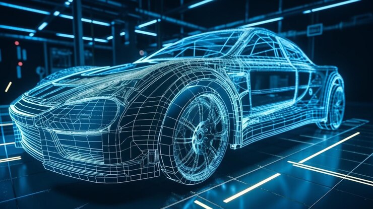 Coche con un diseño holográfico sobre un fondo azulgenerativo ai