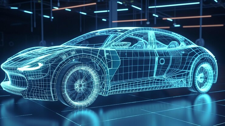 Coche con un diseño holográfico sobre un fondo azulgenerativo ai
