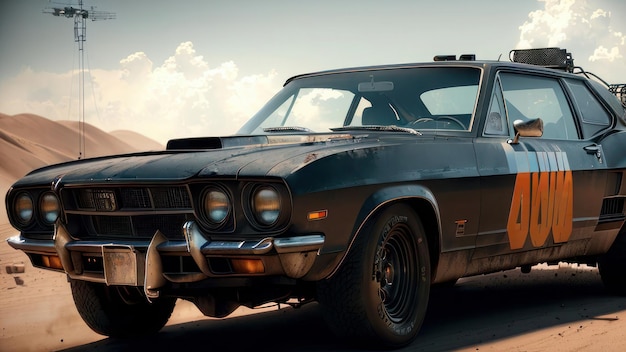 Un coche Dodge Charger negro en el desierto