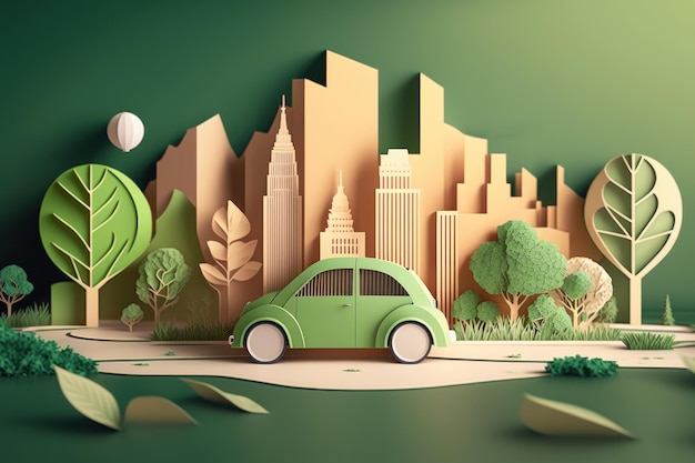 Coche ecológico con corte de papel urbano Concepto de energía renovable y sostenible IA generativa