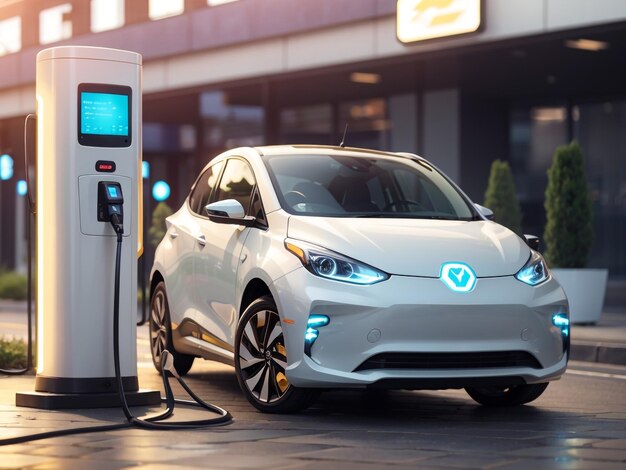 un coche eléctrico blanco está conectado a una estación de carga