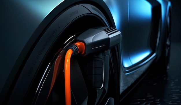 un coche eléctrico se carga con un cable de carga azul al estilo de gris oscuro y naranja