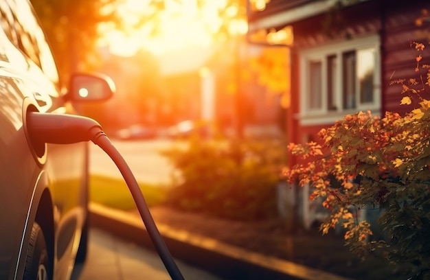 El coche eléctrico se carga cerca de la casa.