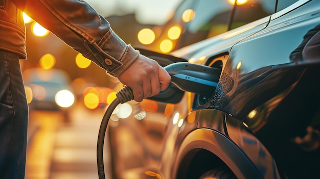 Foto coche eléctrico cargado por un hombre en una estación urbana