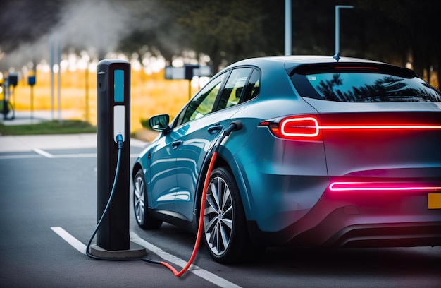 Coche eléctrico cargando en una central eléctrica IA generativa